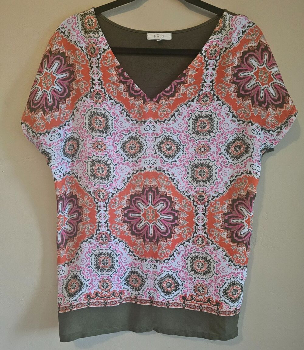 Halo Top Womens Med Green boho Neck, Short Sleeves Pullover, casual, concert